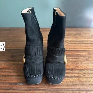 Gucci Black Heeled Boots with Gold Buckle